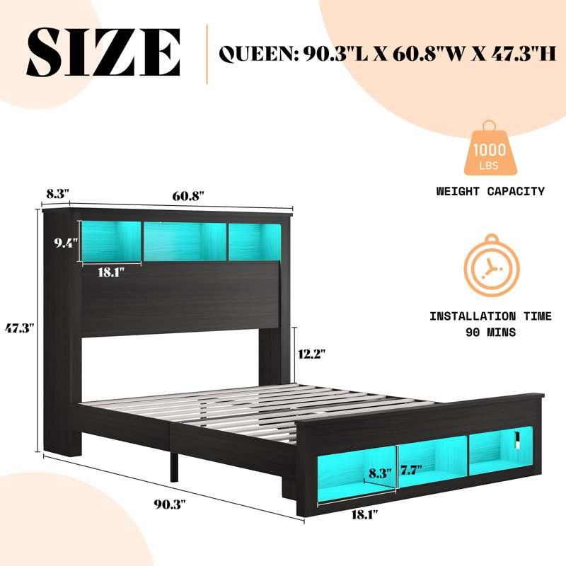 Sherell Bed Frame with Bookcase Storage Headboard and Footboard, LED Lights, Charging Station, Black, Queen