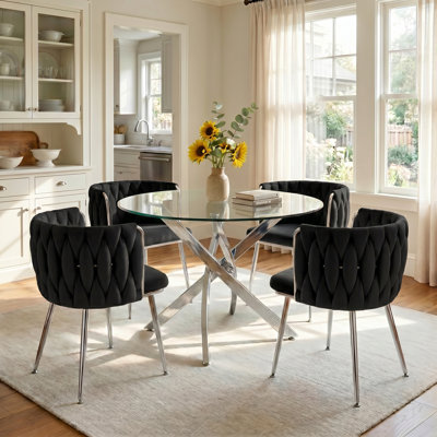 35" Round Glass Dining Table Set For 4, Modern Minimalist Tempered Glass Kitchen Table With 4 Velvet Chairs, For Dining Room, Kitchen
