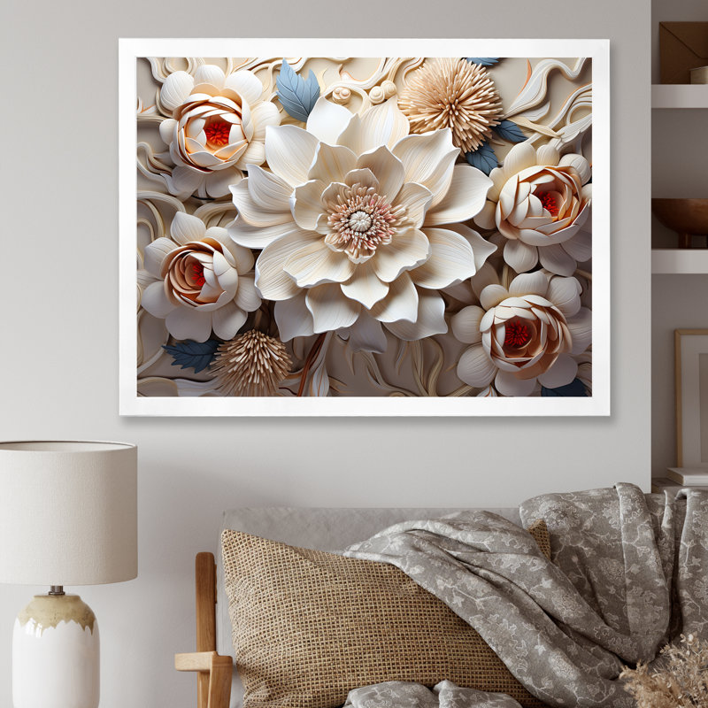 «Paper Mache Flower Blossums Radiance I», reproduction sur toile, H 34 po x l 44 po x P 1,5 po, Cadre simple blanc