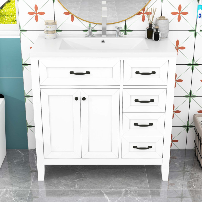 Freestanding Bathroom Vanity with Ceramic Sink, Storage Cabinet and 3 Drawers, White/Black