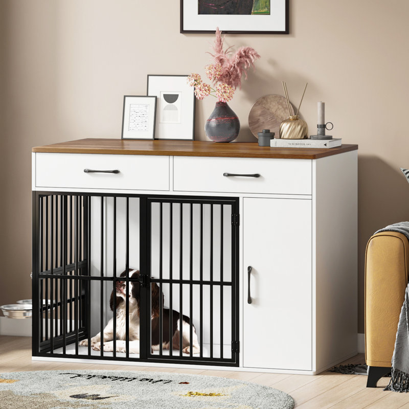 Manufactured Wood Dog House with 2 Doors, Dark Oak/White, 86 cm (H) x 63 cm (W) x 120 cm  (D)