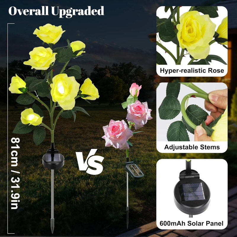 Paquet de 2 lumières solaires roses pour l'extérieur avec 14 fleurs roses, éclairage solaire pour la cour, Jaune