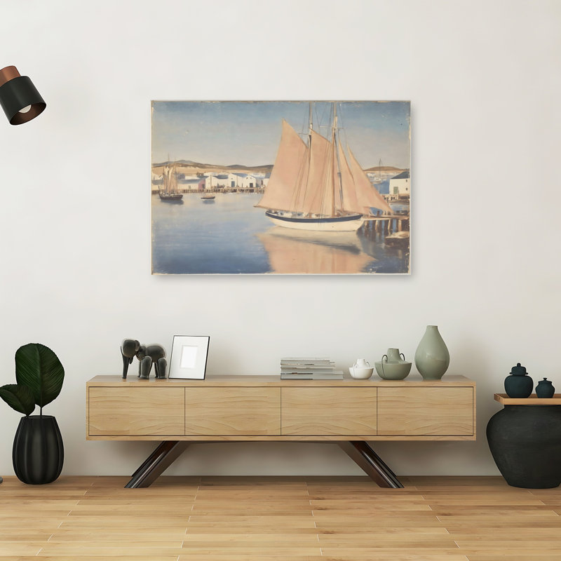 Voilier au quai, impression d'art traditionnel côtier serein, architecture tranquille, 40" H x 60" W