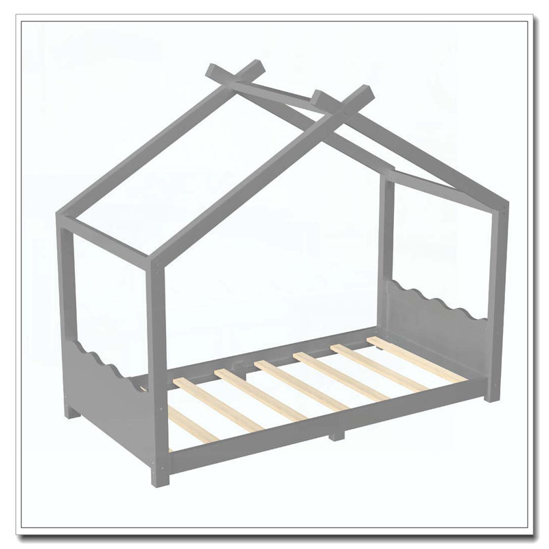 Lit de maison avec lattes de soutien, cadre de lit en bois massif pour enfants, aucun sommier et ouverture, Lit simple, Gris