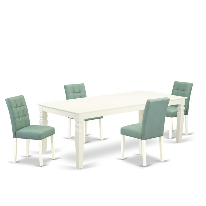 5 Piece Dining Table Set consists of a Mid Century Modern Table and 4 Willow Green Polyester Fabric Dinner Chairs, Linen White