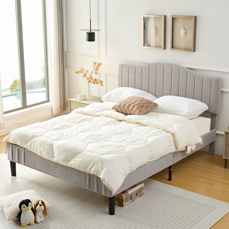 Queen Size Gray Teddy Fabric Upholstered Platform Bed Frame with Height-Adjustable Headboard, Noise-Free Storage Design, No Box Spring Needed