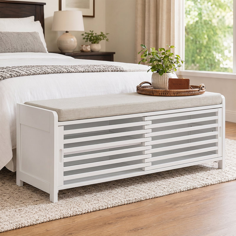 Banc de rangement rustique avec coussin pour porte d'entrée pour chaussures et accessoires, Blanc