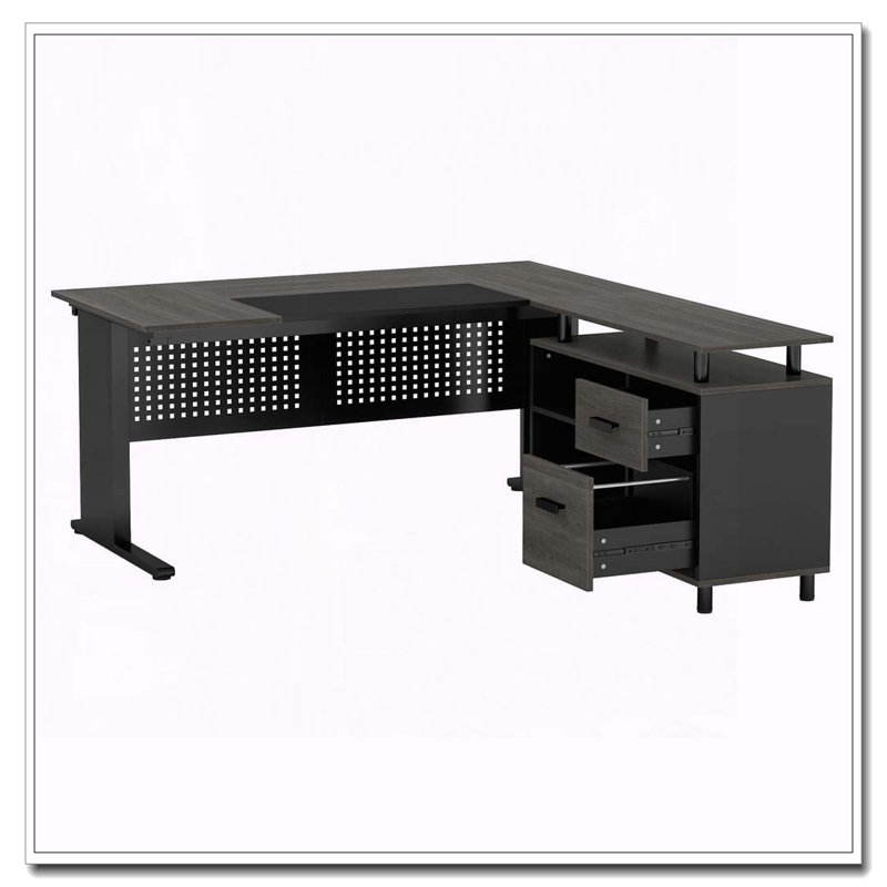 Bureau de direction en L avec tiroir classeur et tablettes, Gris/noir