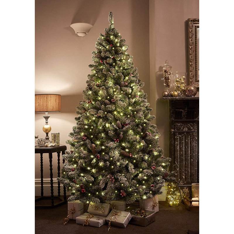 7ft Extra Full Green Spruce Flocked/Frosted Christmas Tree with 380 LED Lights, 5.91ft H
