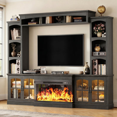 Farmhouse 97"W Wall Unit Entertainment Center TV Stand With 3-Sided Fireplace For Tvs Up To 70", Black