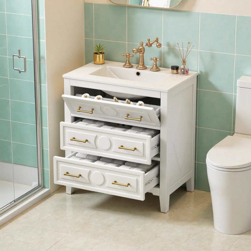 30 Inch Bathroom Vanity with Ceramic Sink Combo, Free Standing Single Vanity Set with 3 Drawers, Solid Wood Frame Bathroom Storage Cabinet in Retro White