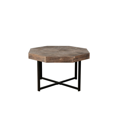 Vintage-style Octagonal Coffee Table With Robust Metal Leg Construction, Antique Brown Wooden Shape And Cross Design