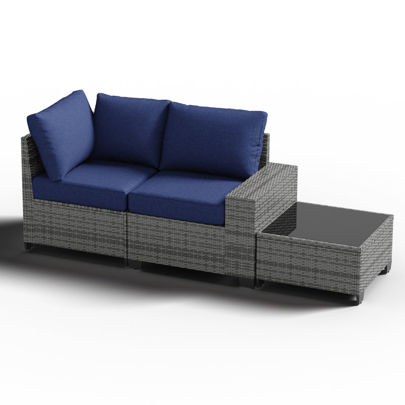 2 -Person Rattan Patio Safo With Cushions, Navy, Gray