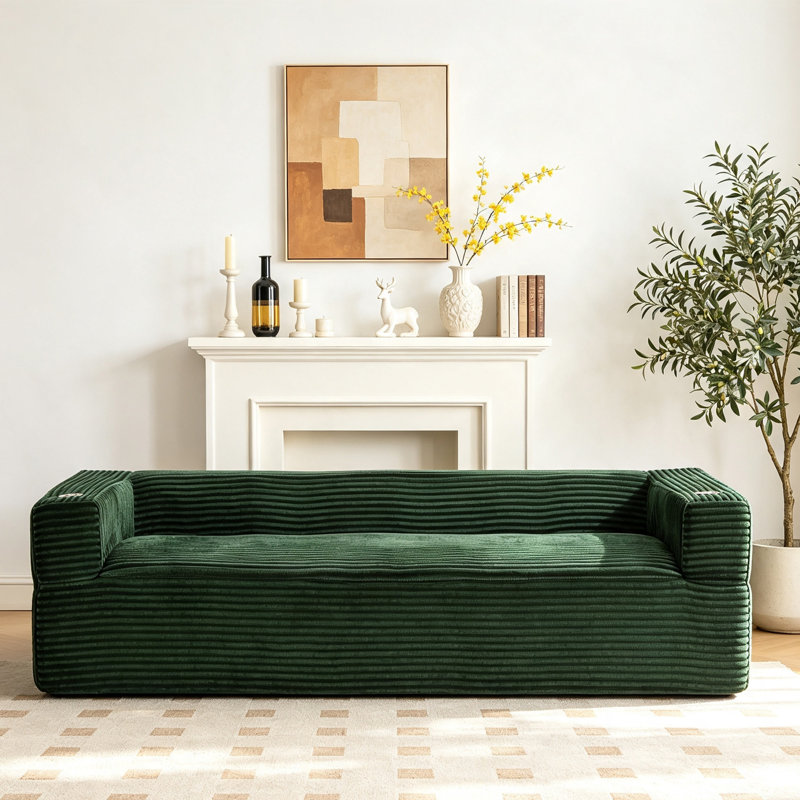 Canapé à compression en velours côtelé de 92 po avec porte-gobelets et rangement Boneless, Vert
