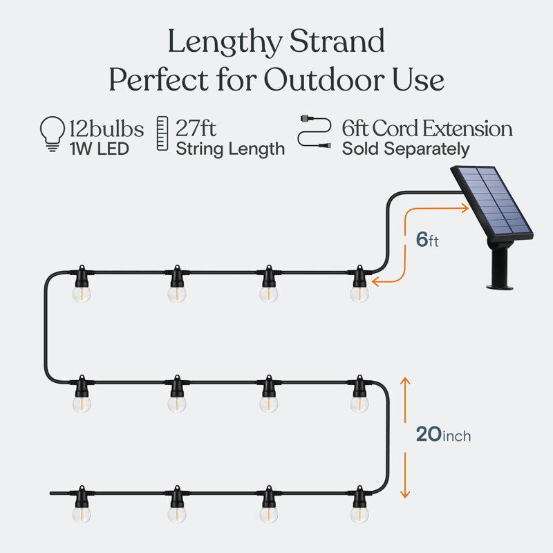 Pro 12-Light 27 ft. Outdoor Solar LED 1-Watt White Bulb String Lights, Globe