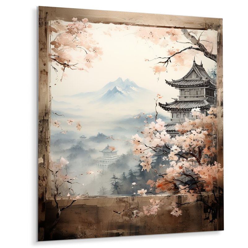 «Pink Floral Vintage Japanese Panorama II», art mural en métal au Japon, H 32 po x l 16 po x P 1 po