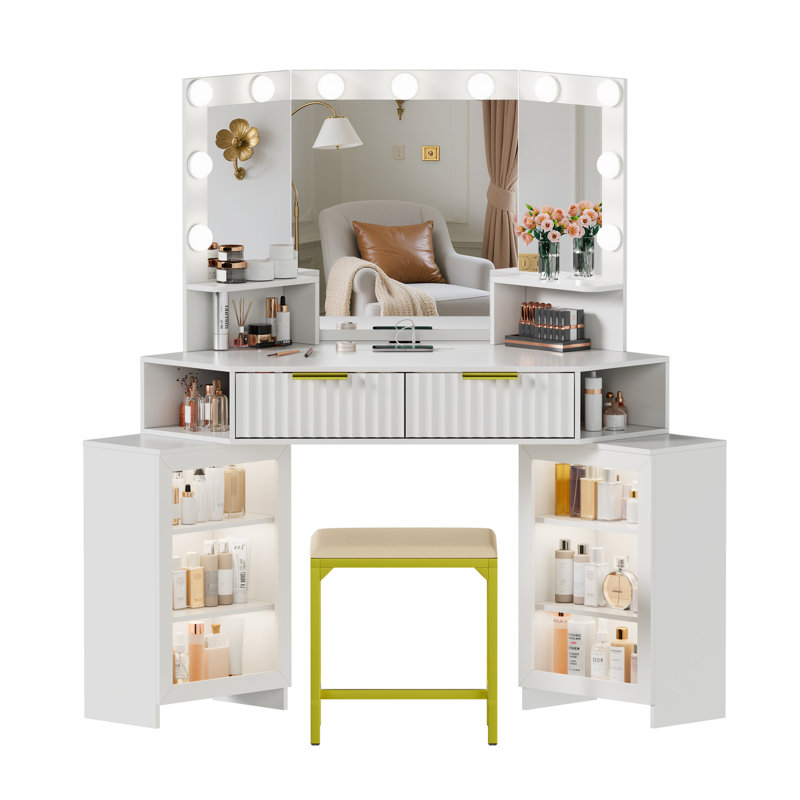 Dressing Table with Motion Sensor 3-colour lighting, Charging Socket and Stool, White
