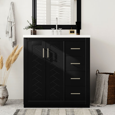 Meuble-lavabo de 30 po avec lavabo en résine - Bois massif robuste, grande capacité de rangement pour panneaux noirs de style rétro