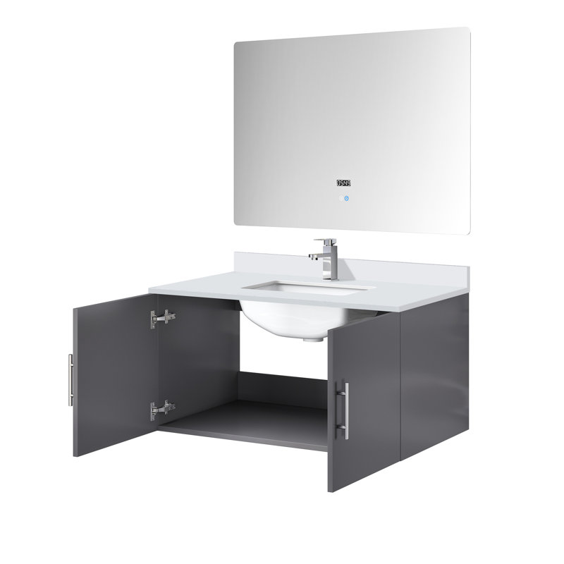 36 po W Gris foncé, meuble-lavabo pour salle de bain, comptoir en quartz blanc, robinet, miroir à DEL - protection durable contre les taches et les égratignures