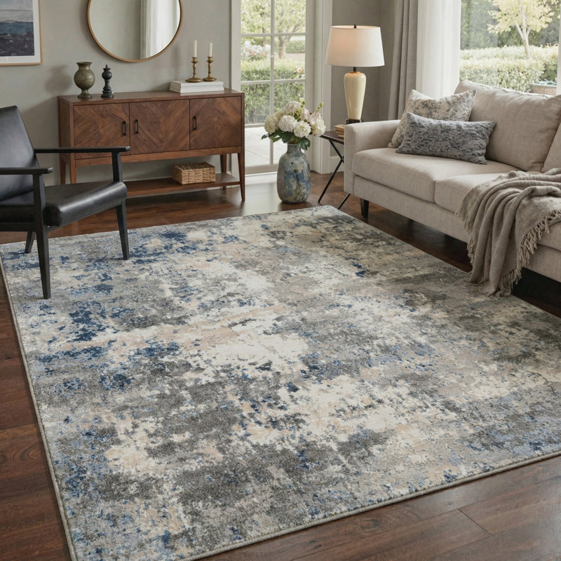 Aastha Modern Abstract Machine Washable Navy Blue/Charcoal Grey/Beige Indoor Area Rug with Non-Slip Backing