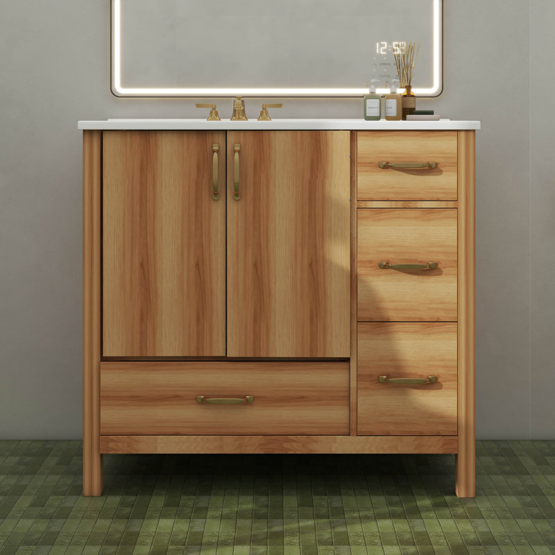 Meuble-lavabo en bois 36 po avec 2 portes à fermeture silencieuse, 4 tiroirs à fermeture silencieuse et support réglable