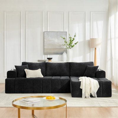 Canapé modulaire en L 108 po en chenille, canapé désossé de style nuage avec méridienne, canapé rembourré moderne avec porte-gobelets et poches latérales, canapé à compression pour le salon, aucun assemblage requis, noir