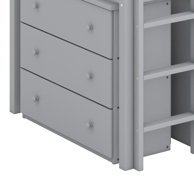 Lit mezzanine avec armoire à tiroirs intégrée, étagère et bureau coulissant, Gris