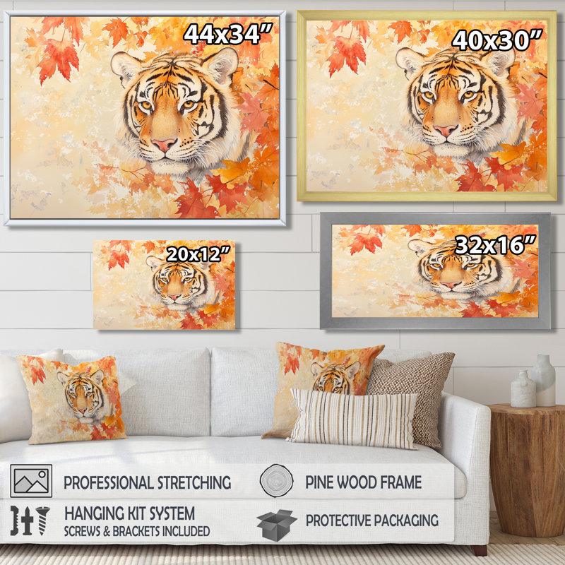 Tigre dans les feuilles d'automne II - salon d'art mural tigre, H 12 po x l 20 po, Blanc