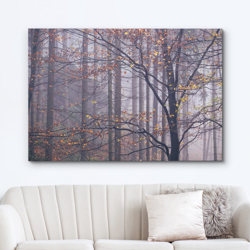 Autumn Fall " Misty Autumn Forest Trees with Yellow Leaves " Graphic Art Print, 12" H x 18" W x 1.5" D, Wrapped Canvas