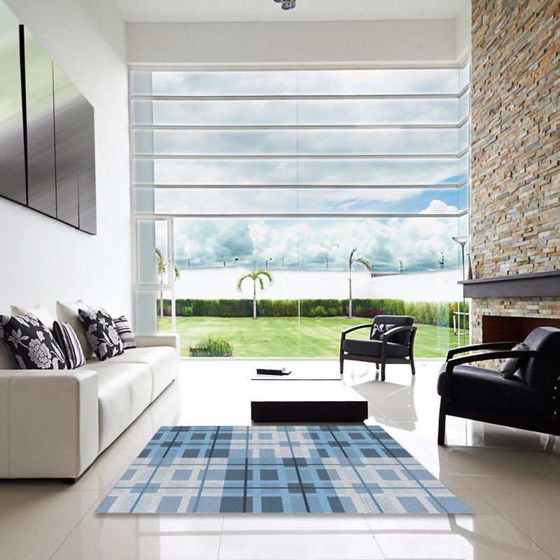 Tapis bleu/blanc cassé à motif, Carré 4 pi