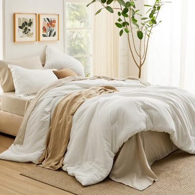 Ensemble d'édredon pour grand lit - Ensemble de literie pour grand lit 7 pièces blanc toutes saisons, lit contrastant de style bohème dans un sac avec édredon, draps, taies d'oreiller et taies décoratives