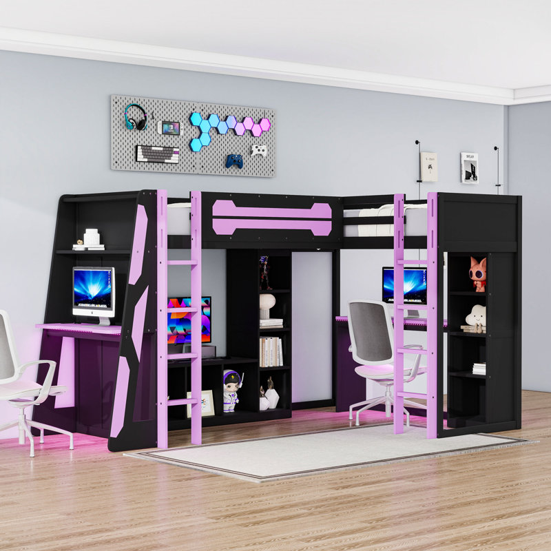 Lit mezzanine simple en L en bois avec lumières DEL RVB, ports USB et tablettes de rangement, Noir / mauve