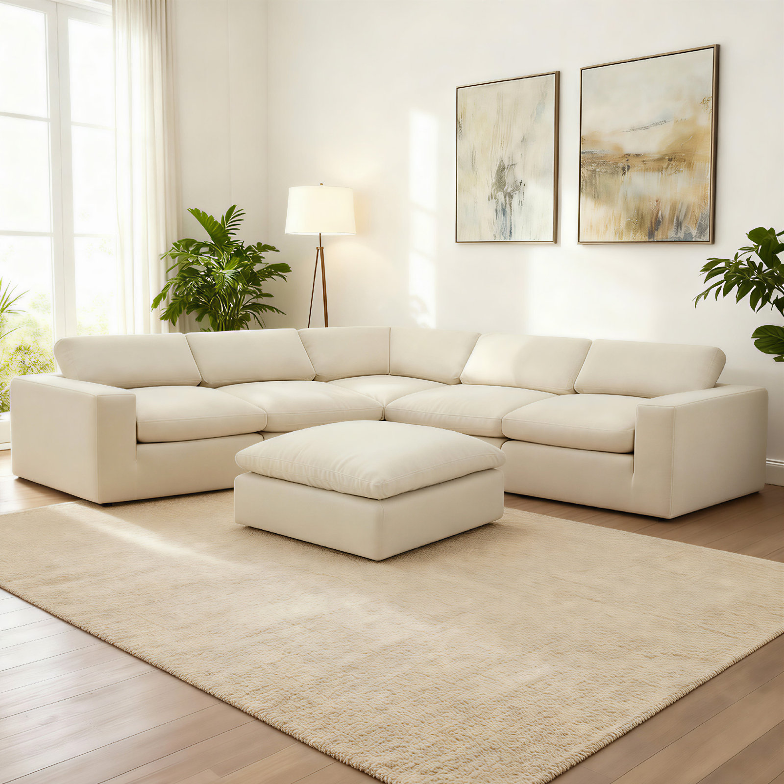 Asher 6 - Piece Upholstered Modular Sectional, Cream Polyester