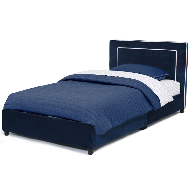 Blue Upholstered Twin Bed with Wood Frame and Headboard