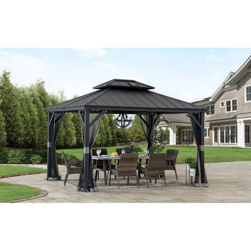 Black Aluminum and Steel 10x12 ft. Hardtop Gazebo with Solar Panel