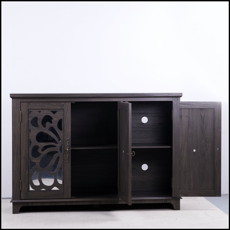 Buffet spacieux de 49,33 po x 15,55 po avec 3 portes en miroir et des tablettes réglables, pour le rangement et la présentation dans diverses pièces