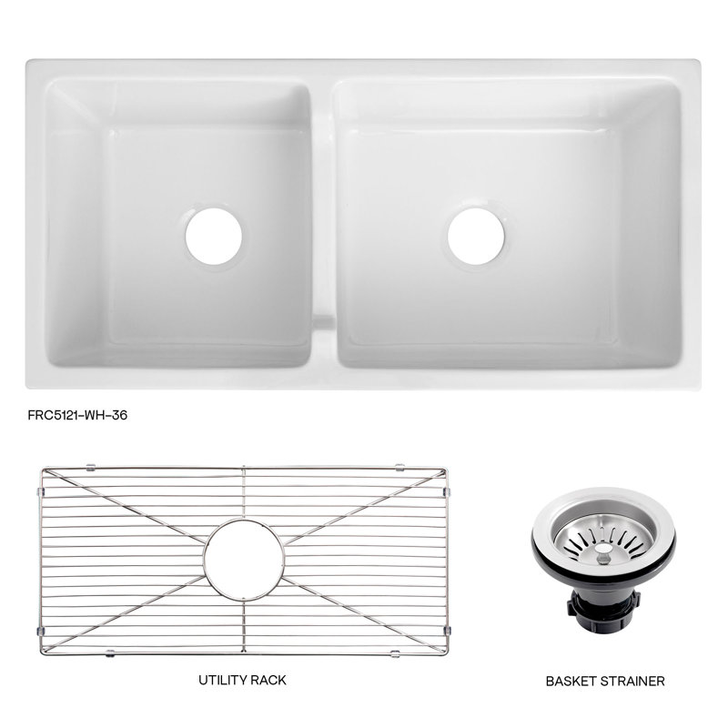 Fireclay Palermo Front Reversible 36" L x 18" W Double Basin Farmhouse/Apron Kitchen Sink with Sink Grid