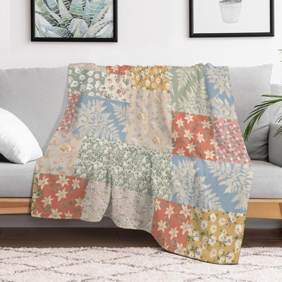 Patchwork Boho Throw Blanket,Farmhouse Vintage Floral Rose Pattern Soft Cozy Warm Flannel Blankets for Sofa Couch Bed Gifts for Lover Women Adults 80x60 Inch