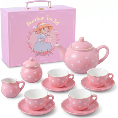 Pink Heart Porcelain Kids Teapot Set with Carry Case, Princess Pretend Tea Party Play Gift for Girls