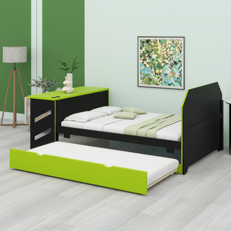 Lit de jour en bois avec lit gigogne simple, bureau et port USB, Vert