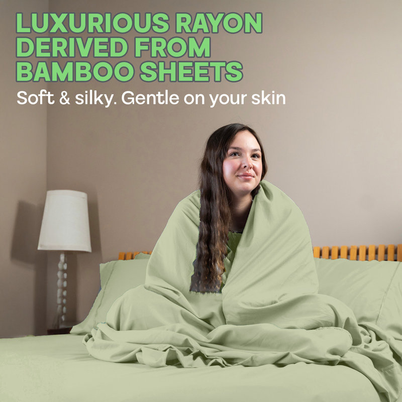 Premium Rayon From Bamboo Blend Sheet Set With Deep Pockets, Cooling and Breathable, Light Olive