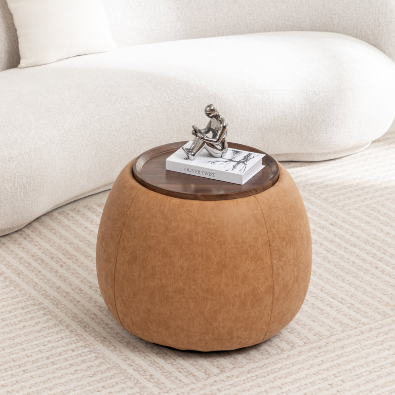 Pietsch Upholstered Round Storage Ottoman With Wooden Tray, Vintage Brown