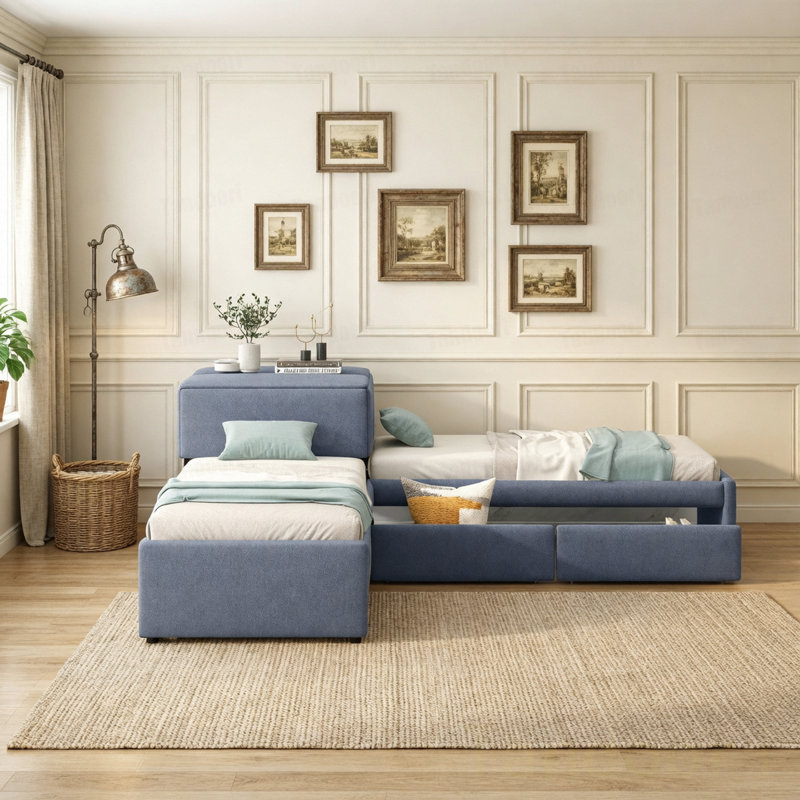 Lit plateforme tapissier en forme de L avec lit gigogne et deux tiroirs reliés par un bureau intégré, lit simple