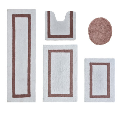 Ensemble de tapis de bain 5 pièces Makbul Premium 100% coton 2370 g / m², certifié OEKO-TEX®, tapis de salle de bain touffeté ultra moelleux, super absorbant, réversible, lavable à la machine, confort semblable au spa, blanc / rose
