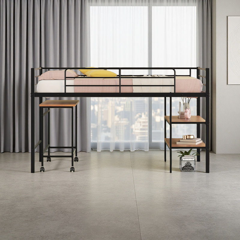 Lit mezzanine simple en métal avec bureau et tablettes, Noir