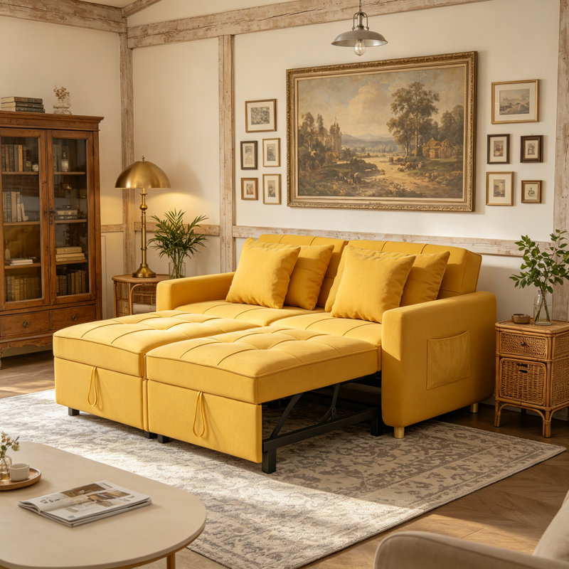 Borchert 2 Seater Fabric Sofa Bed, Yellow Linen