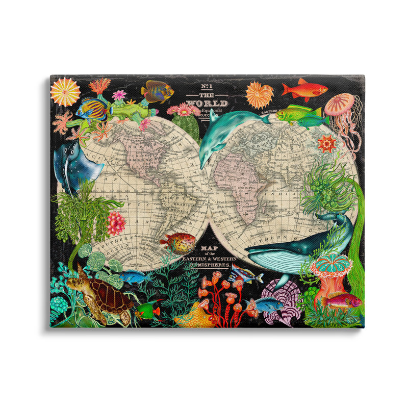 «Vintage World Hemisphere Map Vibrant Marine Animal Illustration» par Sangita Bachelet - impression, Toile tendue