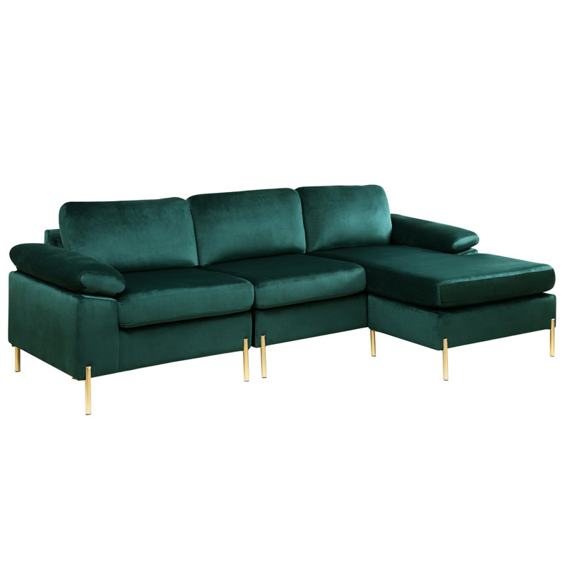 Canapé modulaire rembourré en mousse avec méridienne en velours - aspect moderne Mid-Century, structure en bois massif, pieds dorés en laiton, coussins de siège amovibles, rembourrés, modernes et en métal, conception en forme de L