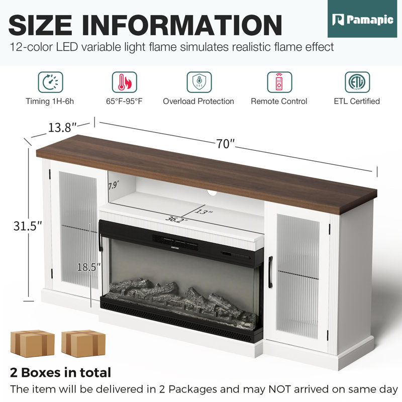  Glass Door TV Stand for TVs up to 65" with 24" Electric Fireplace, 31.5"H x 70"L x 13.8"W
