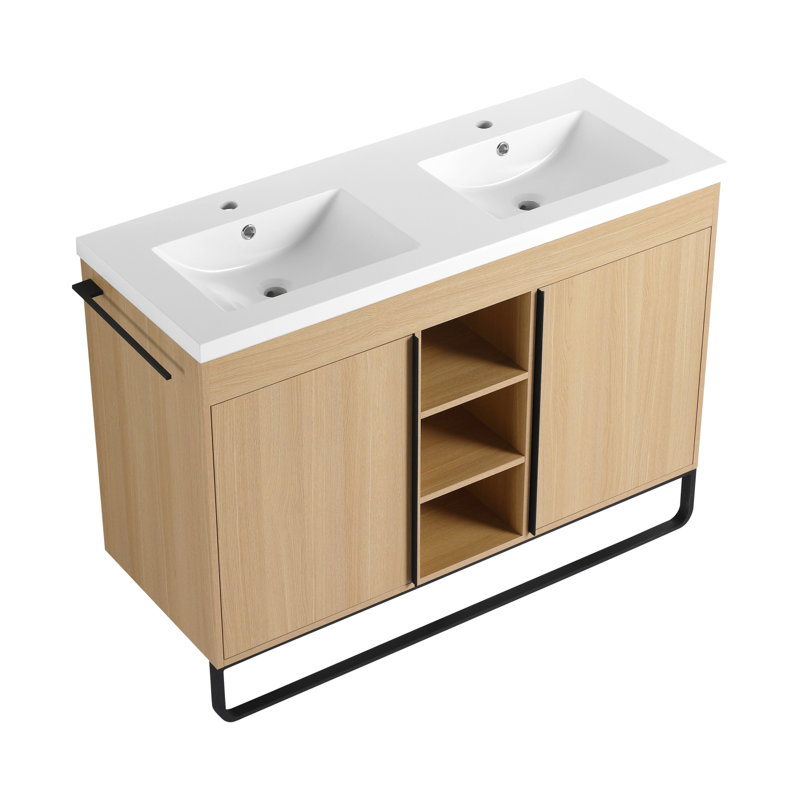 Oak Wood Freestanding Vanities With Resin Double Sink, Modern Design